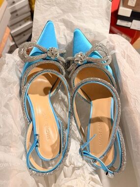 MACH & MACH Ocean Blue Satin Crystal double Bow Slingback Pumps‼️
